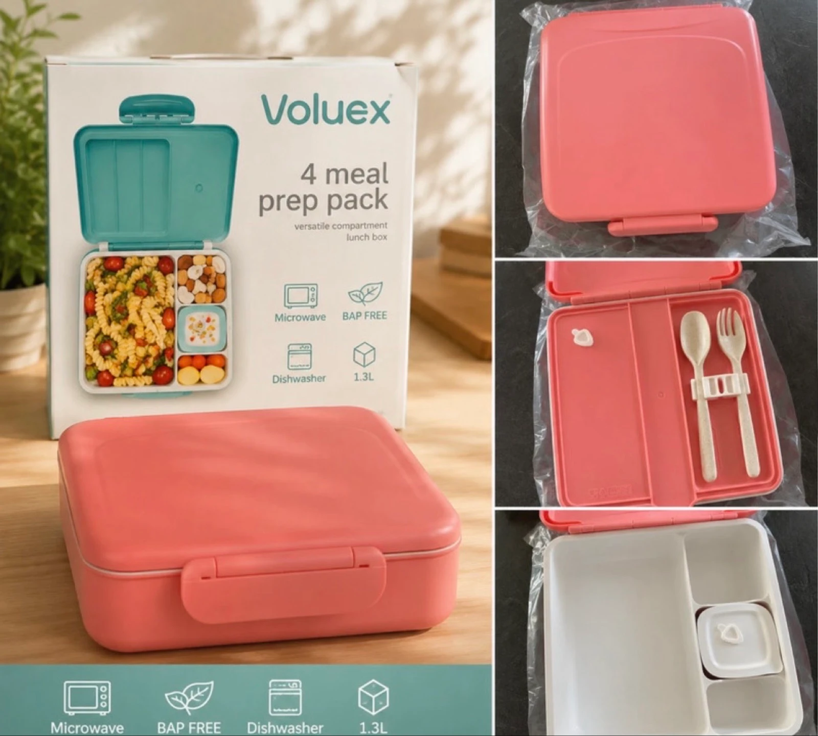 Lancheira compartimentada Voluex 1,3 L rosa com talheres – Nova – photo 2